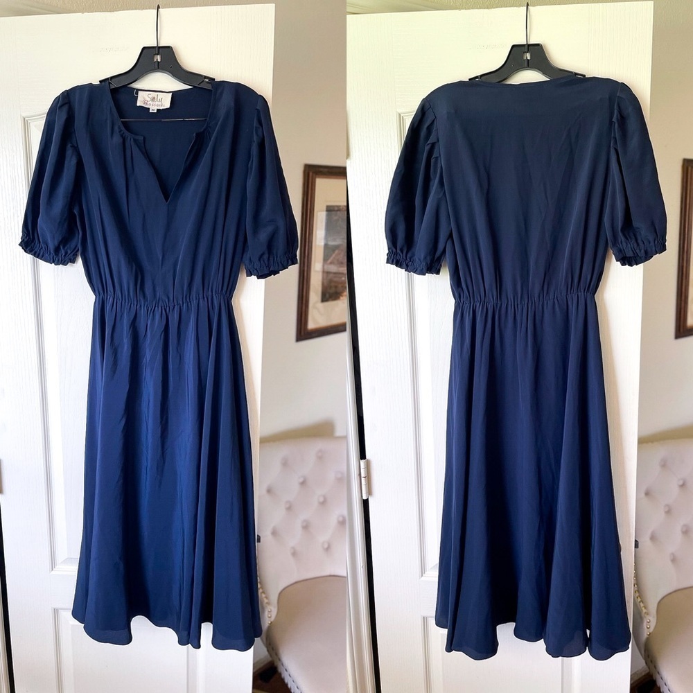 Soler ArossGirl Brooke Silk Midi Dress Puff Sleeve 40s Style Chic Navy M EUC